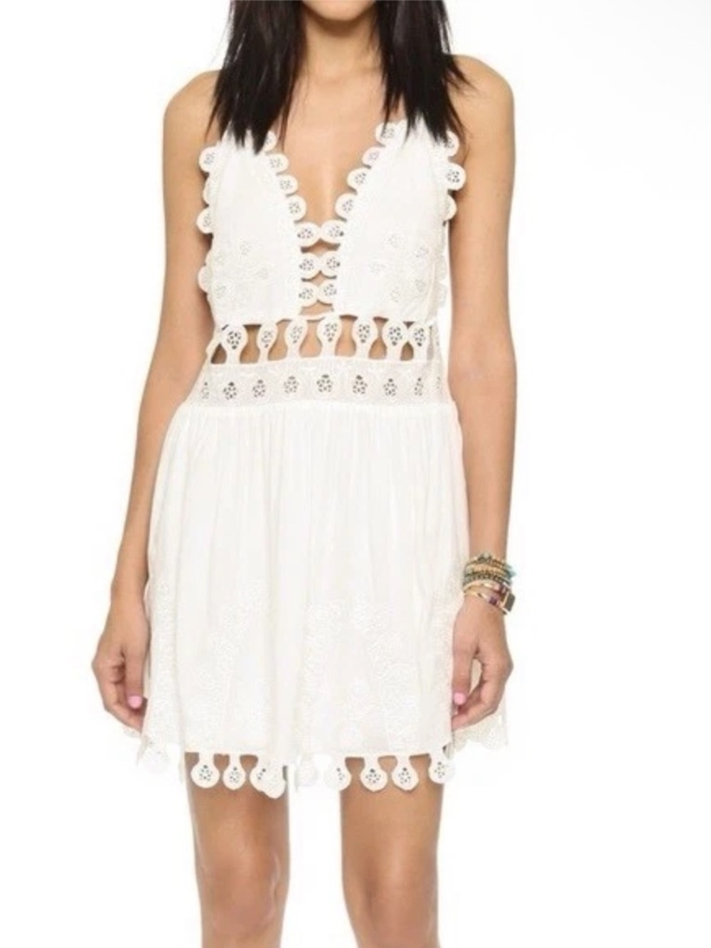Honey Punch | Eyelet Cut Out Dress Size S White Embroidered Mini Spaghetti Strap